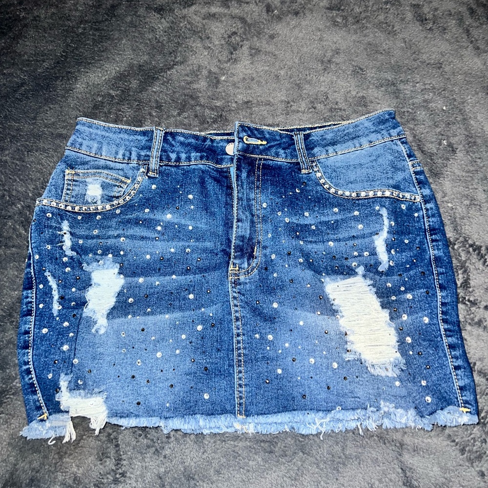 Denim Rhinestone Mini Skirt